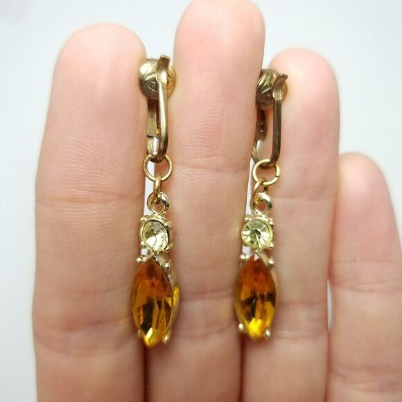 Vintage Orange Marquise Shape Rhinestone Dangle Clip On Earrings, Estate - Picture 2 of 6